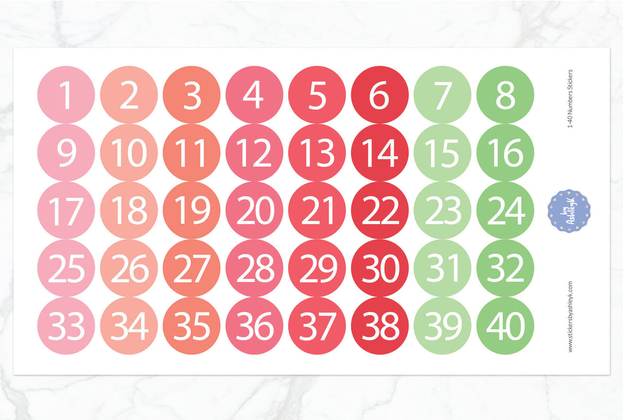 1~40 Numbers Round Stickers - Strawberry