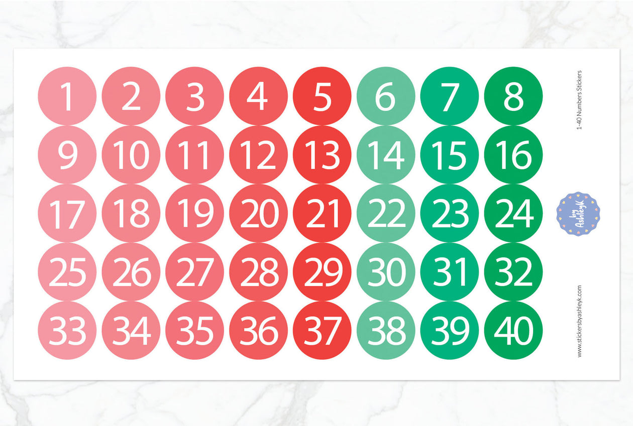 1~40 Numbers Round Stickers - Watermelon