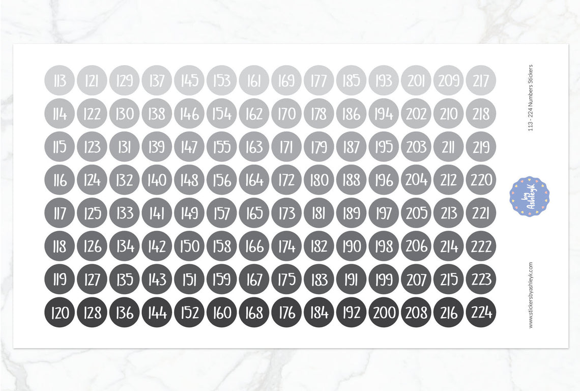 113~224 Numbers Planner Stickers - Monochrome