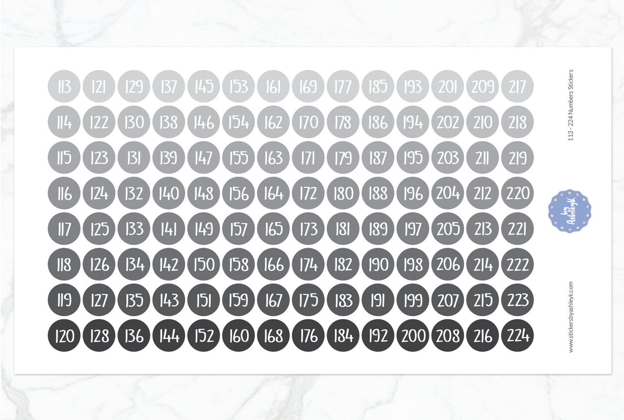 113~224 Numbers Planner Stickers - Monochrome