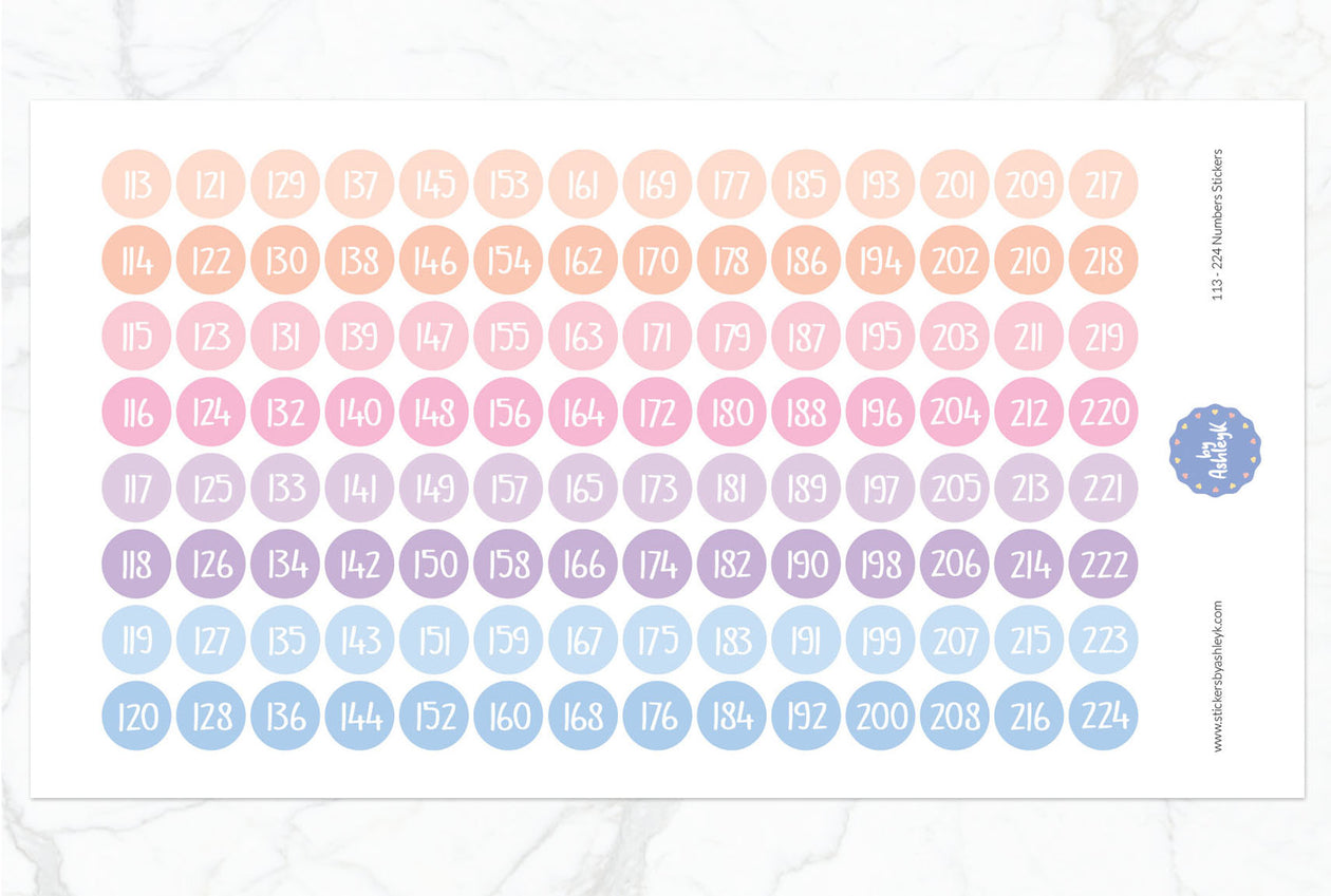 113~224 Numbers Planner Stickers - Pastel Sunset