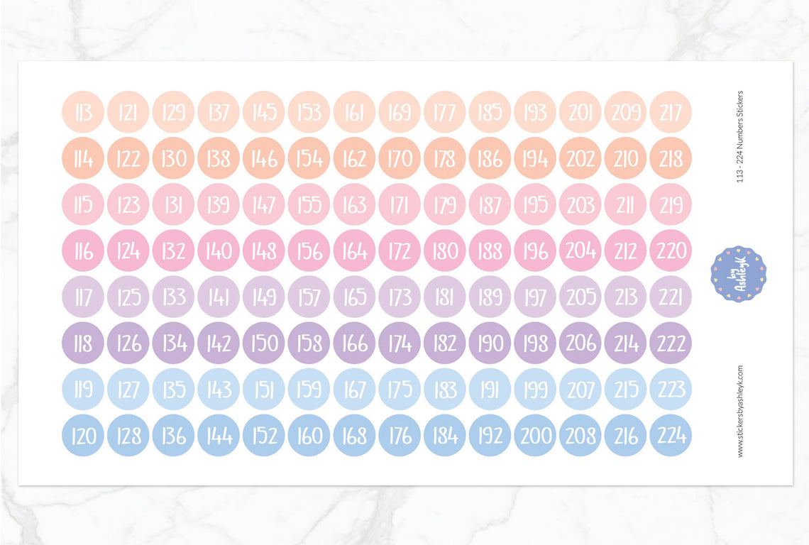 113~224 Numbers Planner Stickers - Pastel Sunset