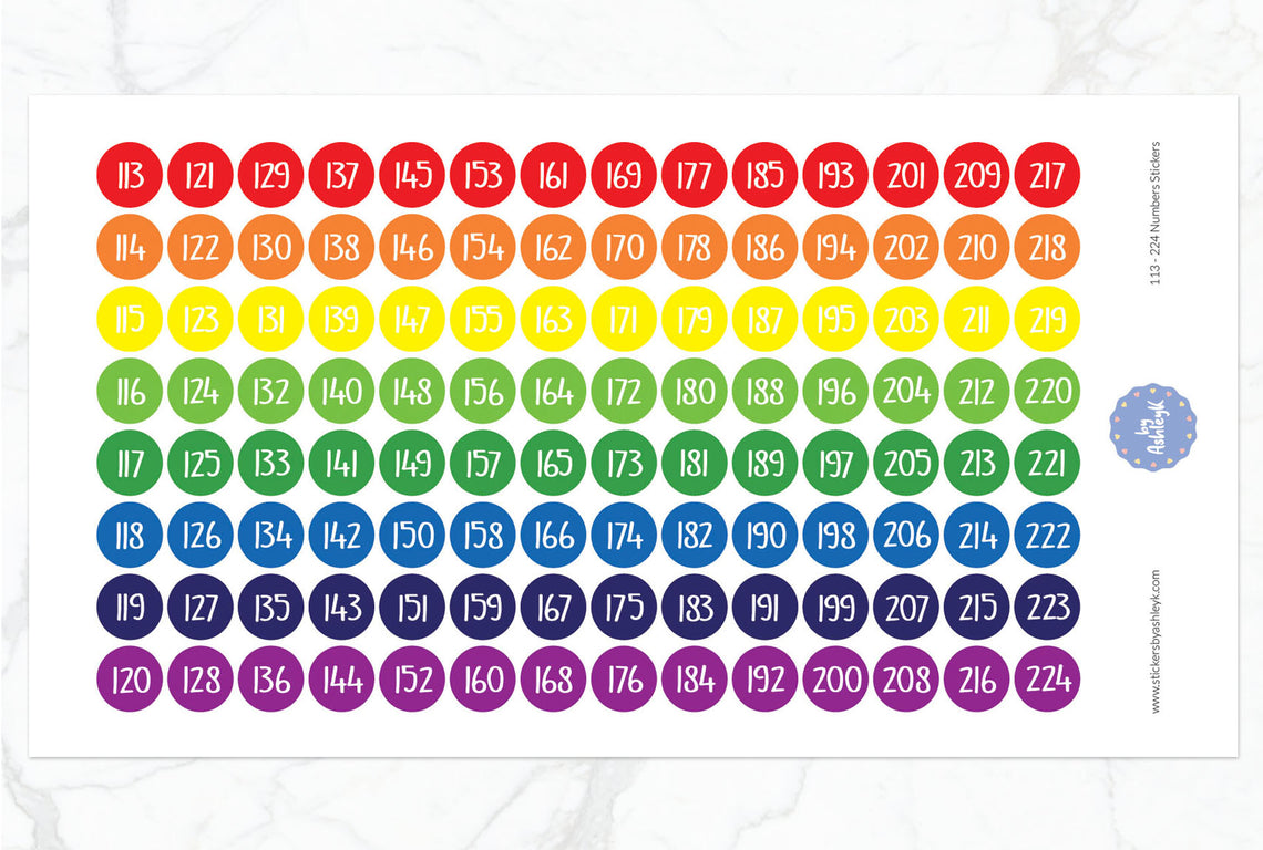 113~224 Numbers Planner Stickers - Rainbow
