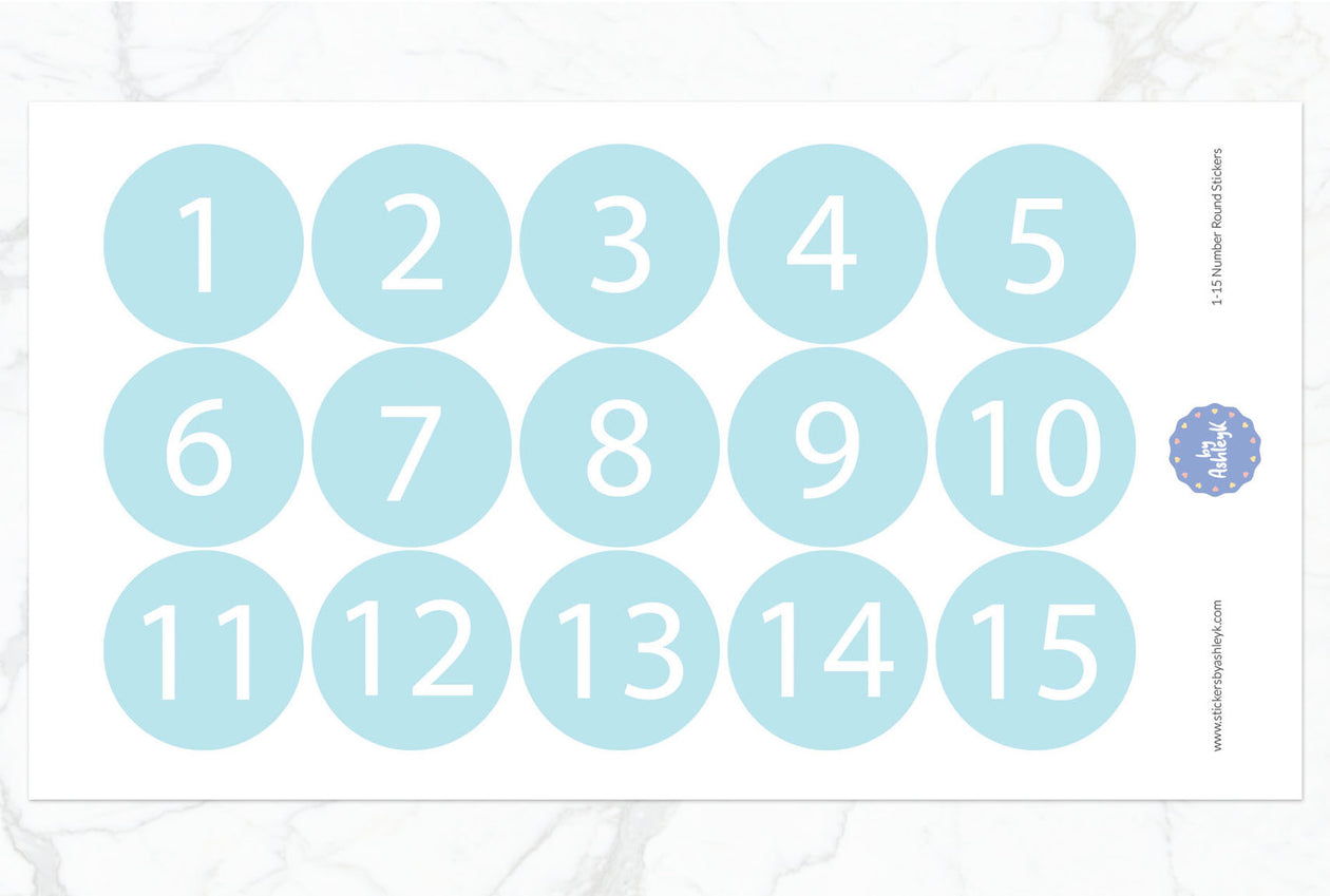 1 ~ 15 Numbers Round Stickers - Light Pastel Teal