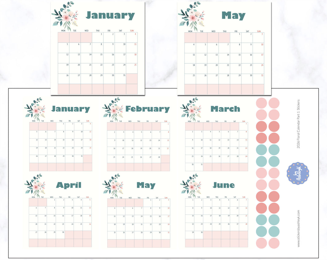 2026 Floral Calendar Planner Stickers