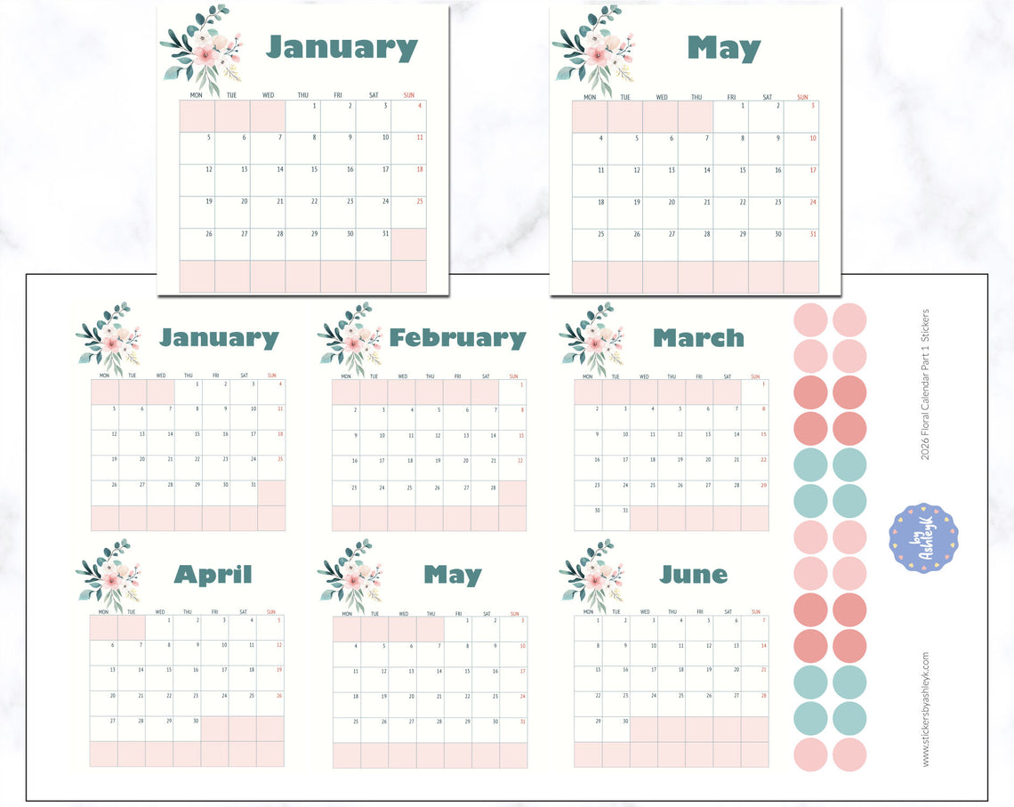 2026 Floral Calendar Planner Stickers