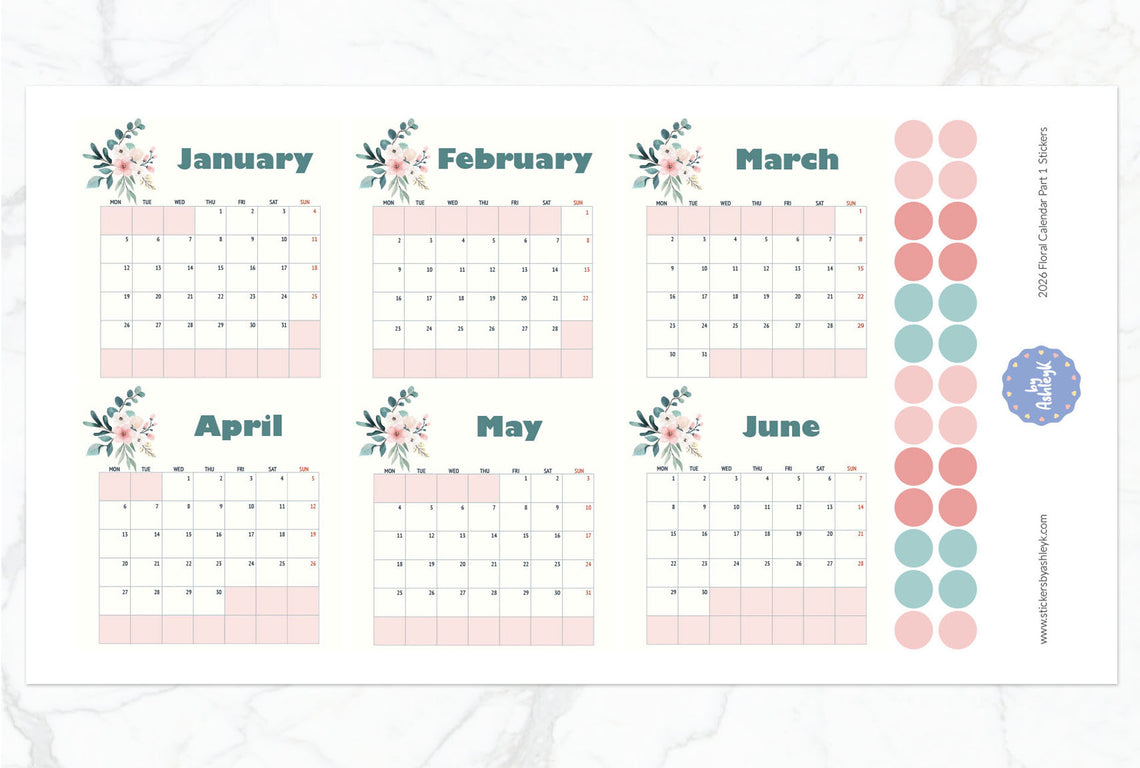 2026 Floral Calendar Planner Stickers - Part 1