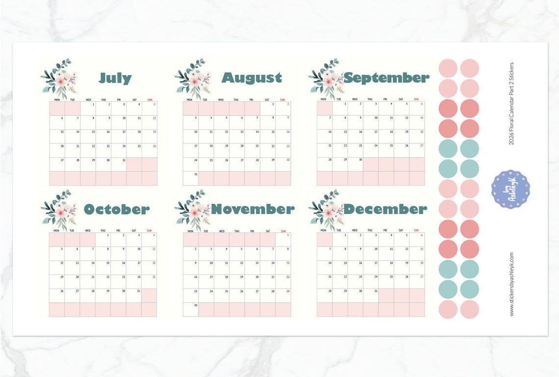 2026 Floral Calendar Planner Stickers - Part 2