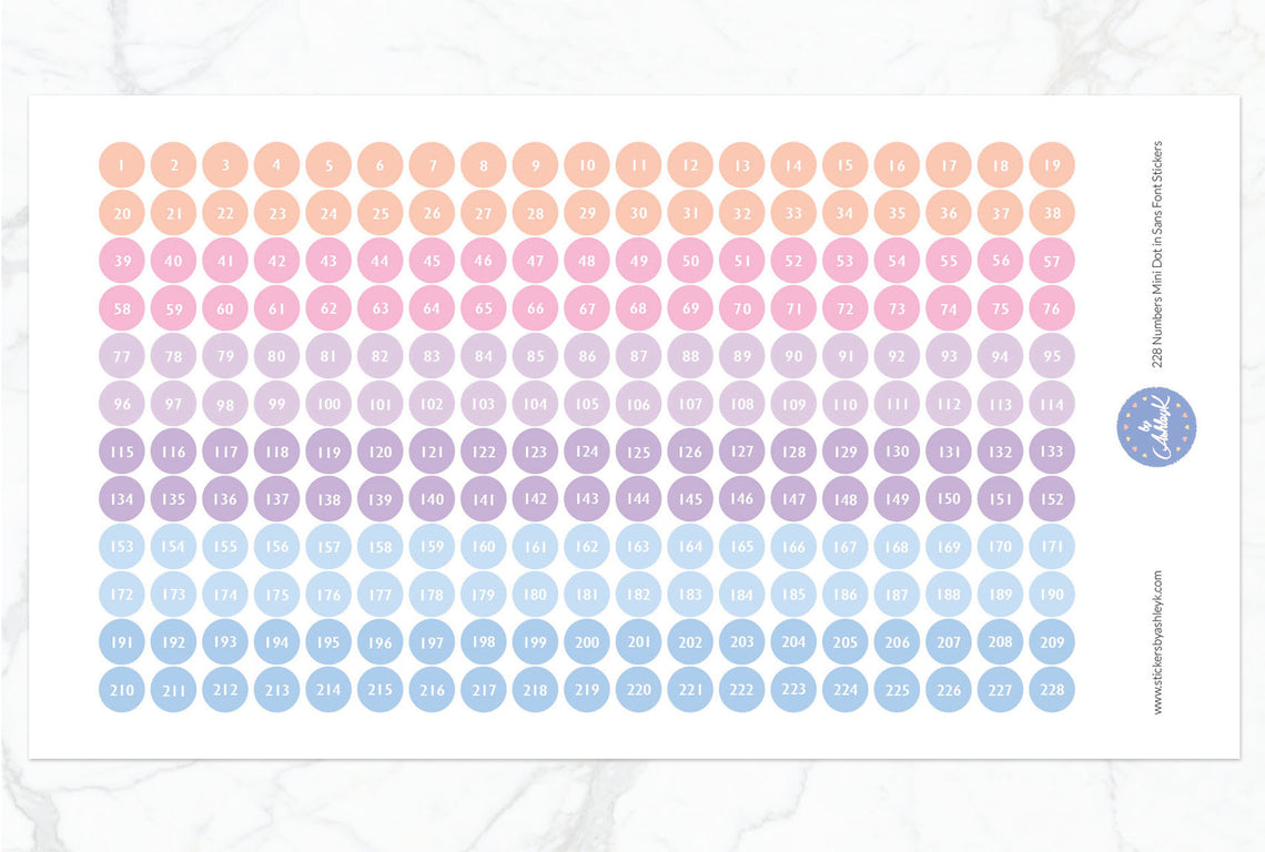 228 Numbers Mini Dot in Sans Font Stickers - Pastel Sunset