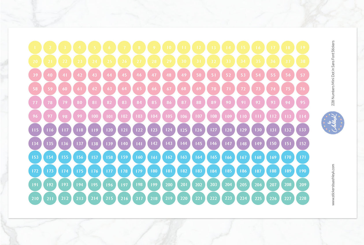228 Numbers Mini Dot in Sans Font Stickers - Pastel