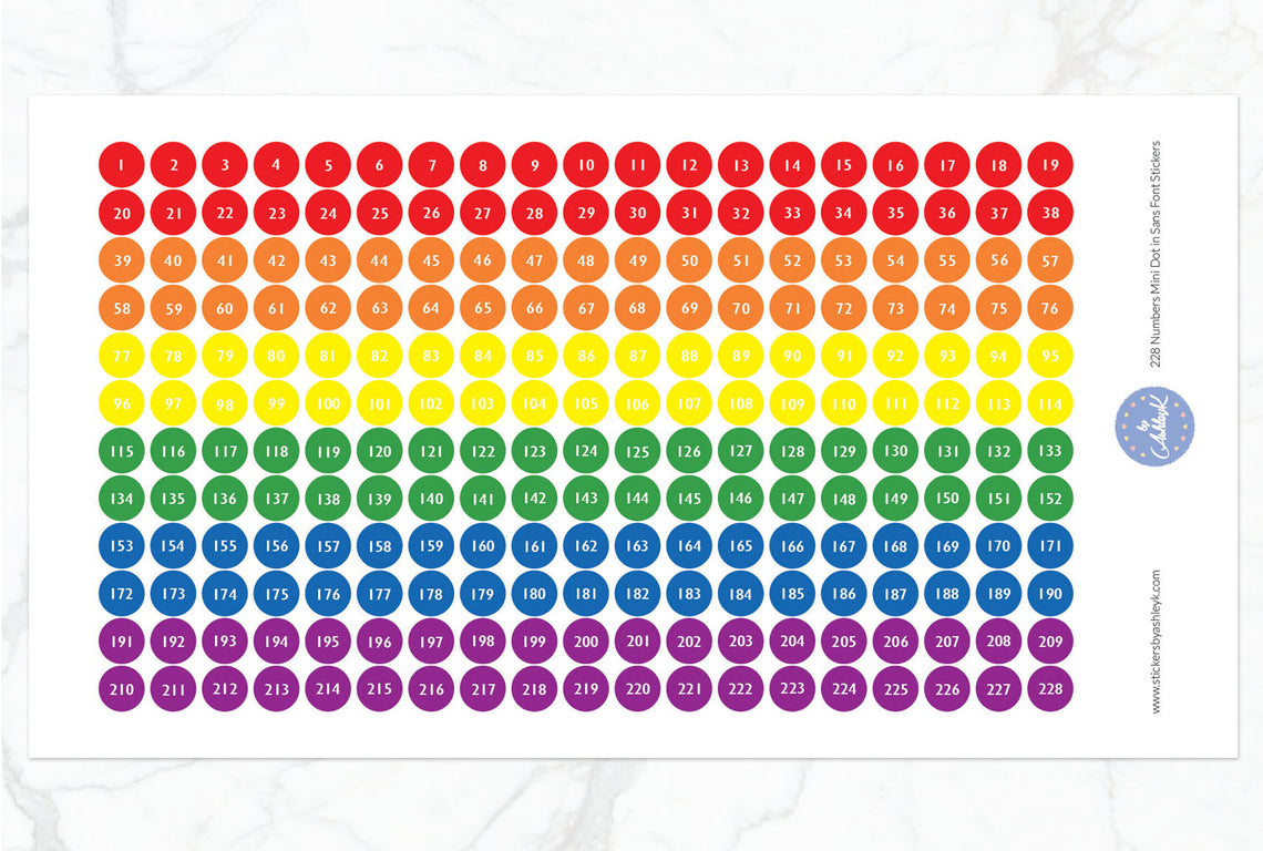 228 Numbers Mini Dot in Sans Font Stickers - Rainbow
