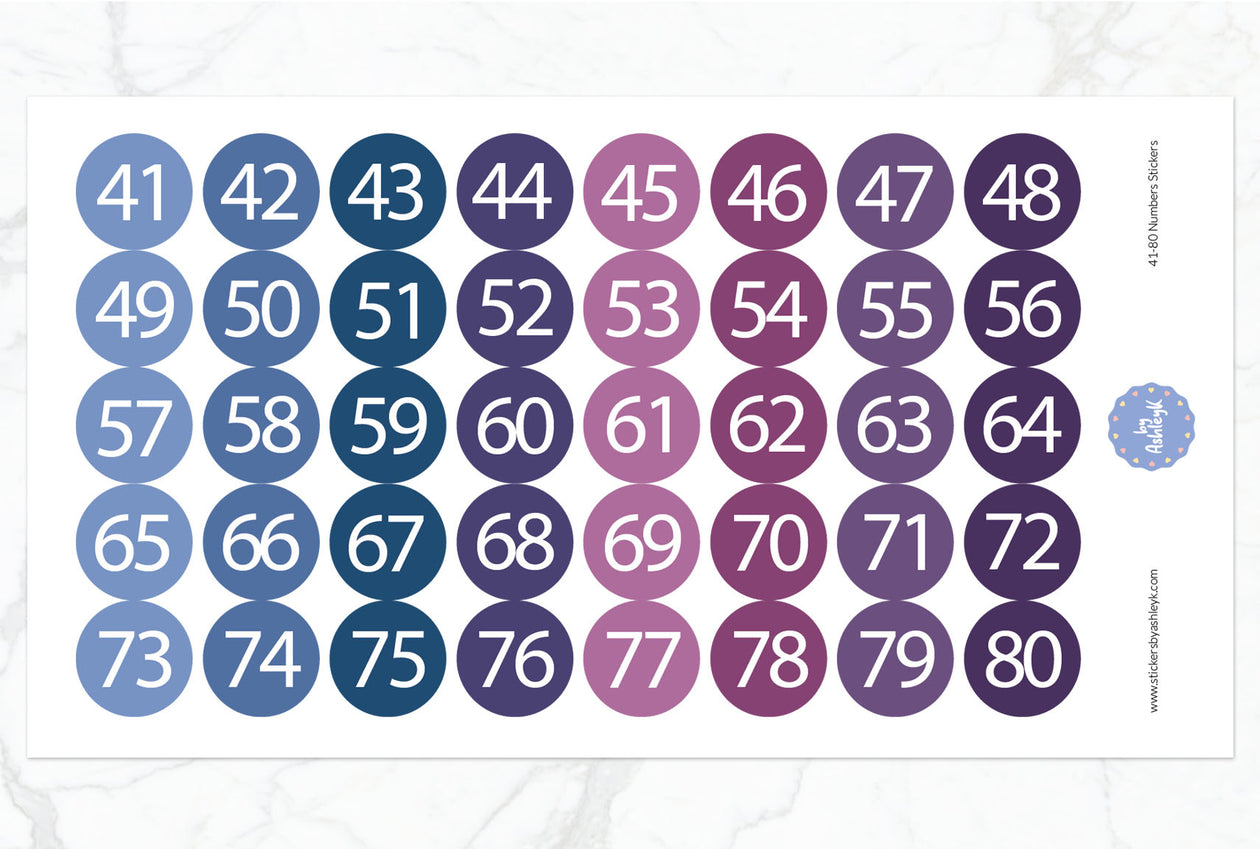 41~80 Numbers Round Stickers - Blueberry
