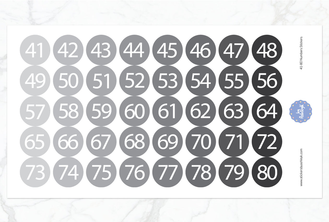 41~80 Numbers Round Stickers - Monochrome