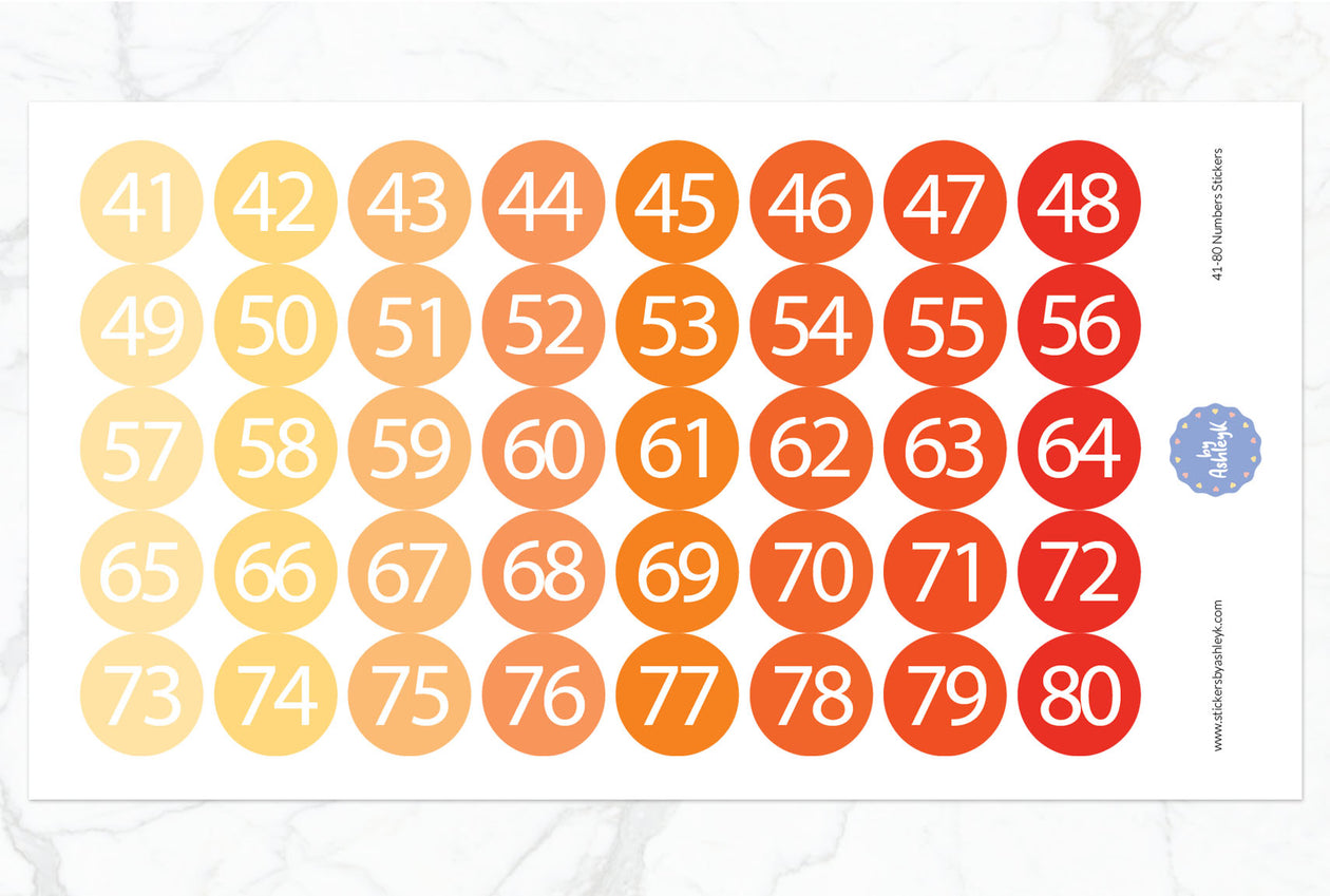 41~80 Numbers Round Stickers - Orange