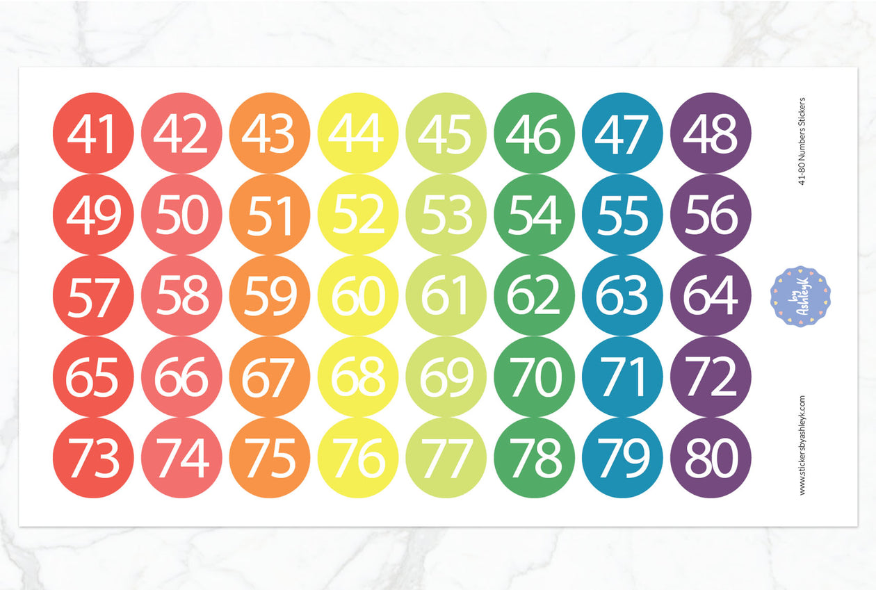 41~80 Numbers Round Stickers - Pastel Rainbow
