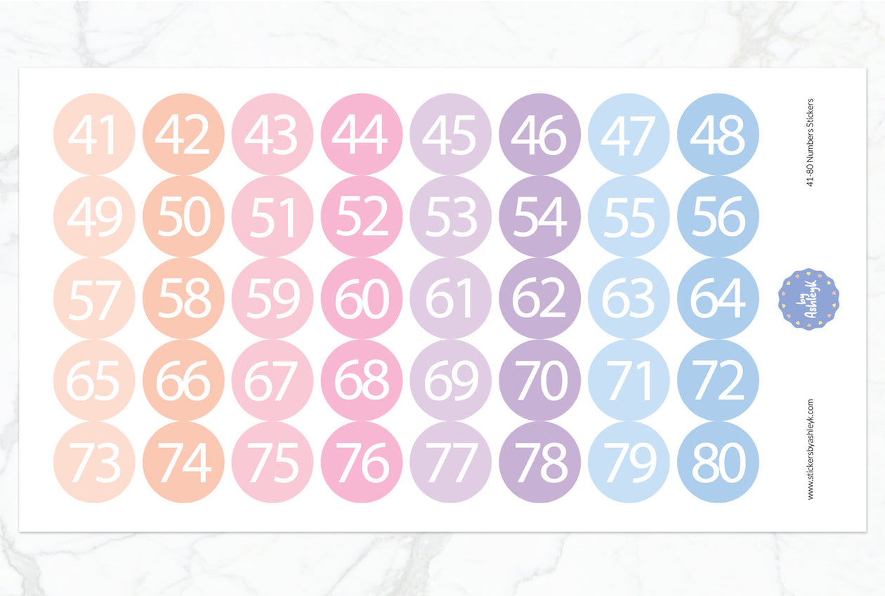 41~80 Numbers Round Stickers - Pastel Sunset
