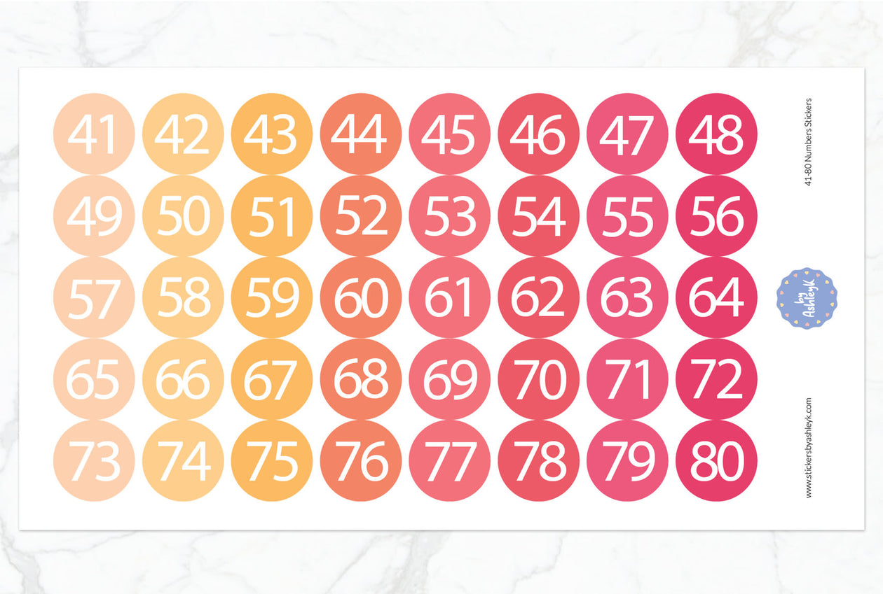 41~80 Numbers Round Stickers - Peach