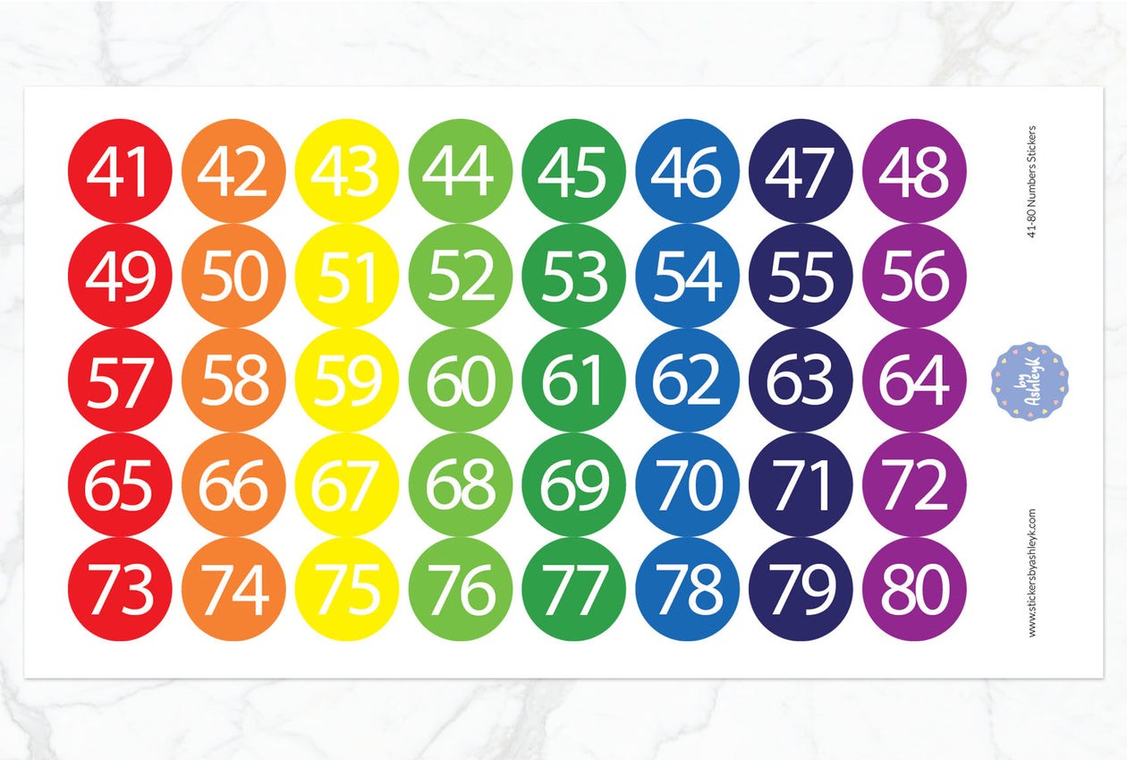 41~80 Numbers Round Stickers - Rainbow