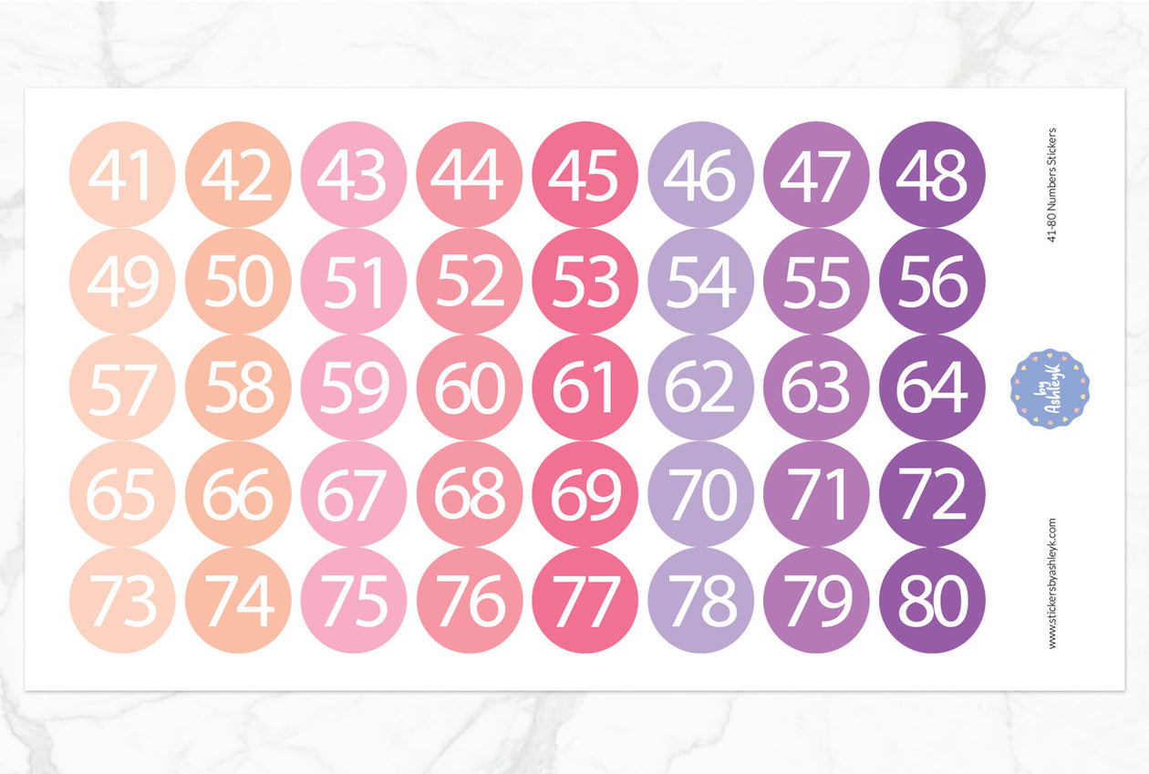41~80 Numbers Round Stickers - Raspberry