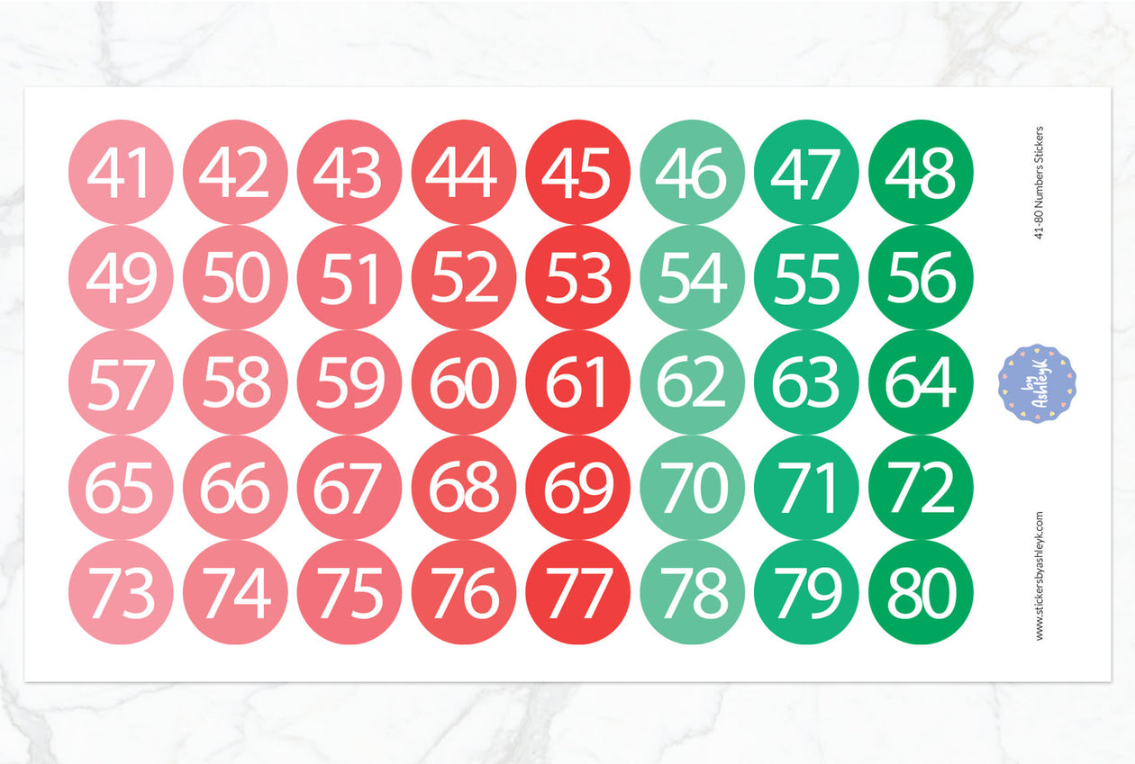 41~80 Numbers Round Stickers - Watermelon