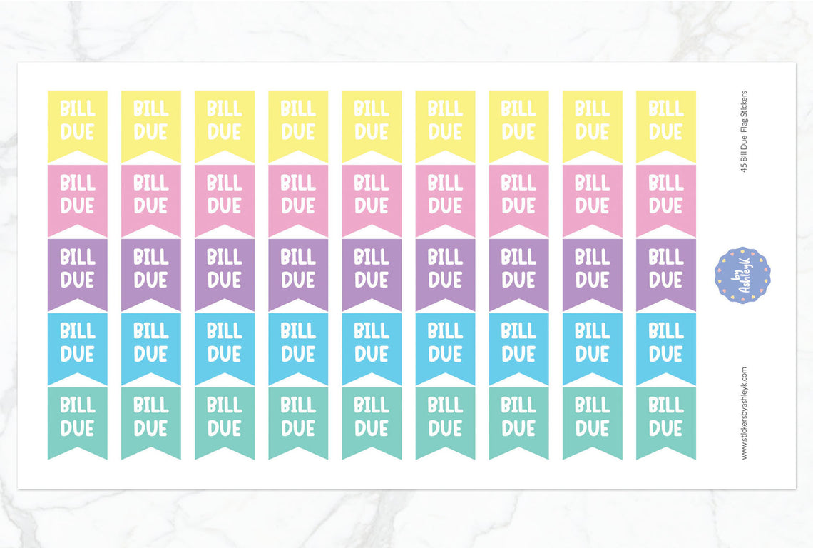 45 Bill Due Flag Planner Stickers - Pastel