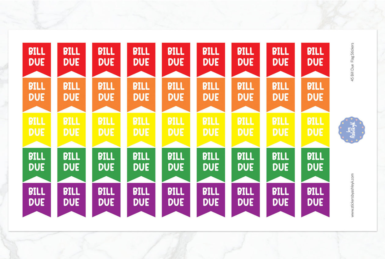 45 Bill Due Flag Planner Stickers - Rainbow