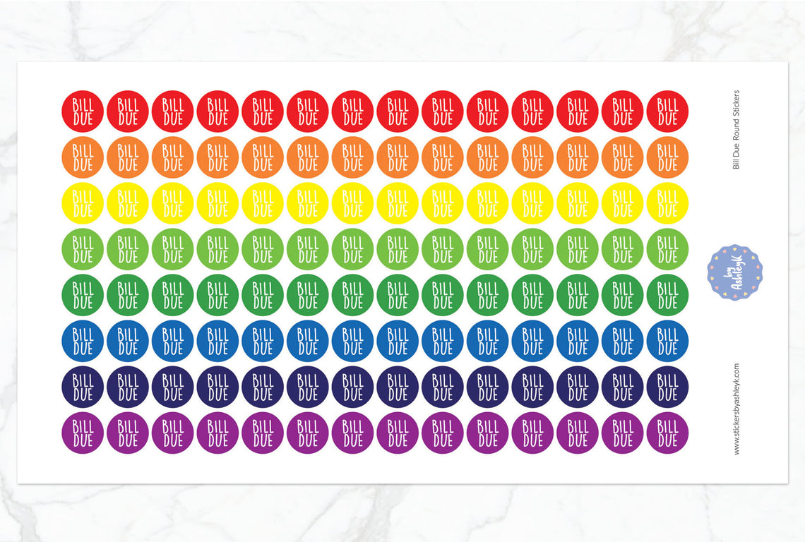 Bill Due Round Planner Stickers - Rainbow