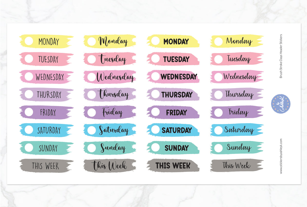 Brush Stroke Days Header Stickers - Pastel