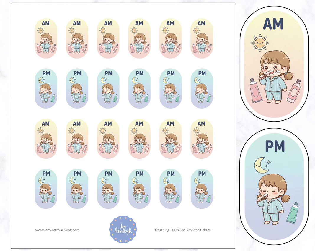 Brushing Teeth Girl Am Pm Stickers