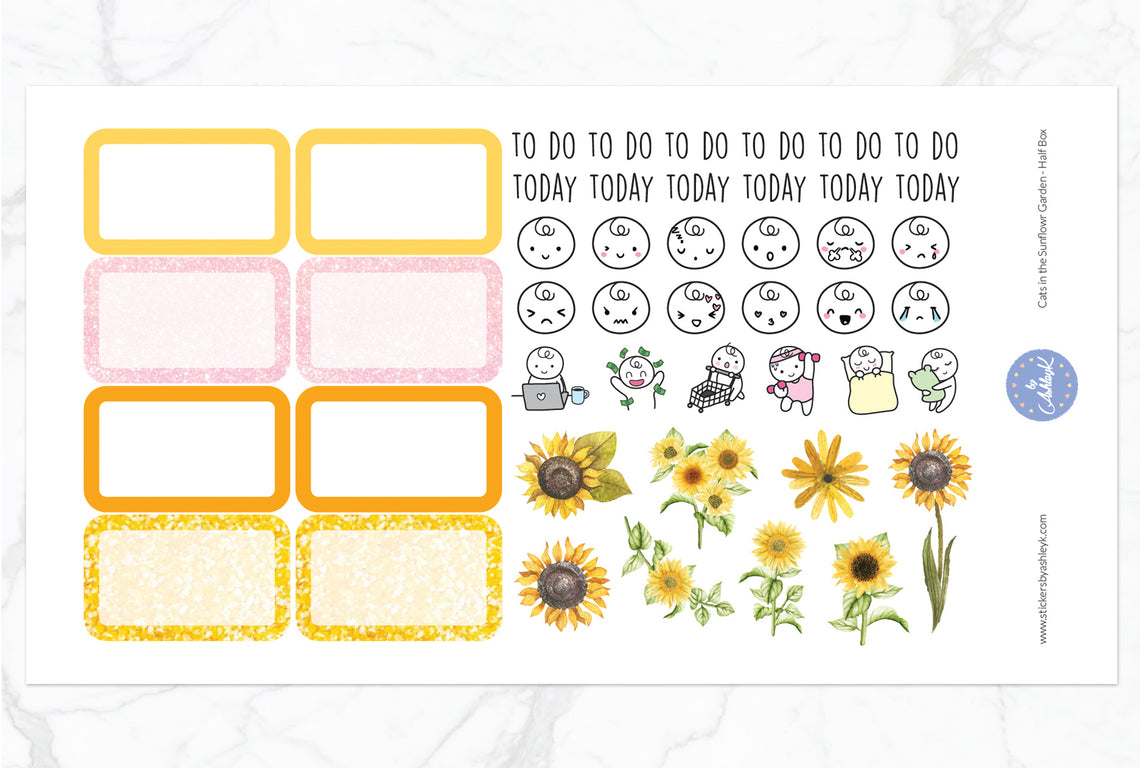 Cats in the Sunflower Garden Weekly Kit - Erin Condren Planner Stickers - Half Boxes