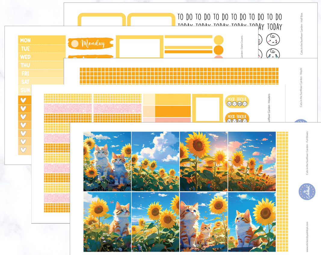 Cats in the Sunflower Garden Weekly Kit - Erin Condren Planner Stickers - Full Kit