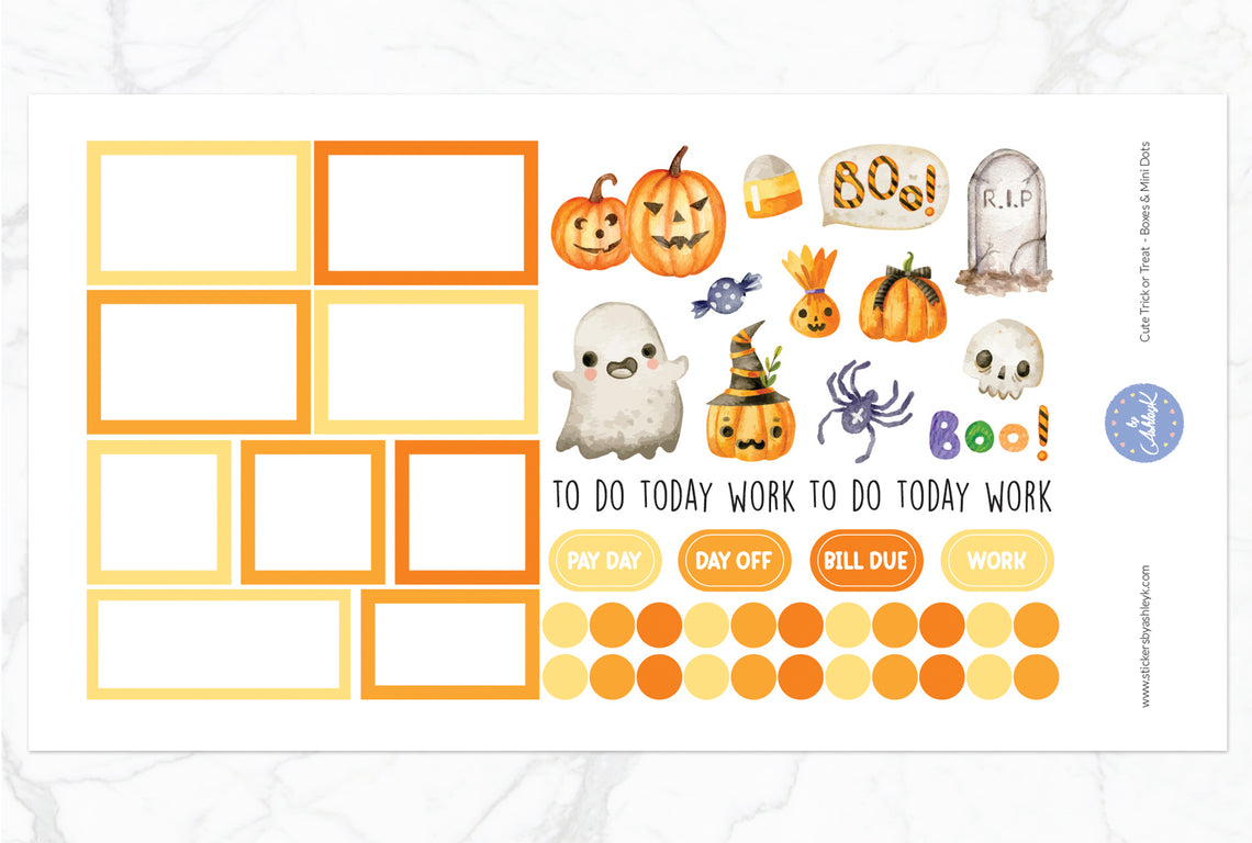 Cute Trick or Treat Weekly Spread Planner Stickers - Boxes & Mini Dots