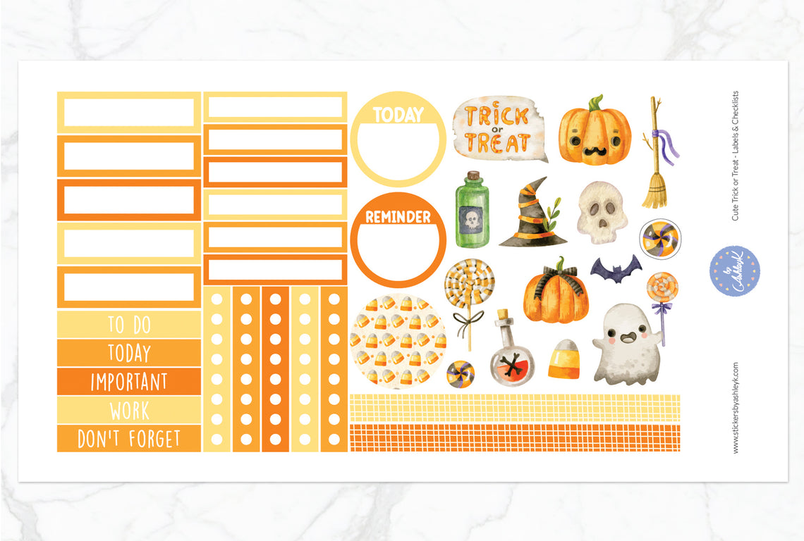 Cute Trick or Treat Weekly Spread Planner Stickers - Labels & Checklists