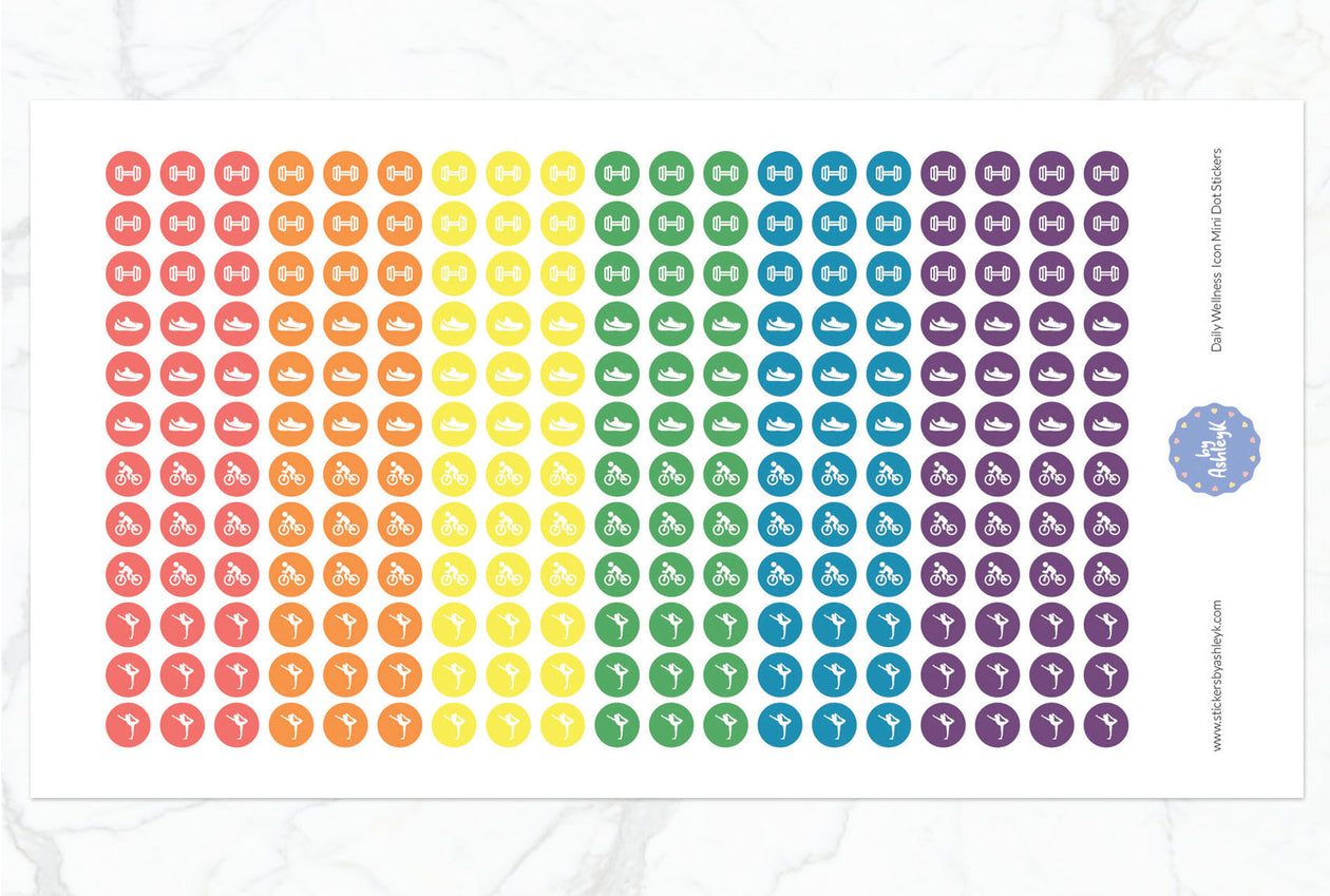 Daily Wellness Icon Mini Dot Planner Stickers - Pastel Rainbow