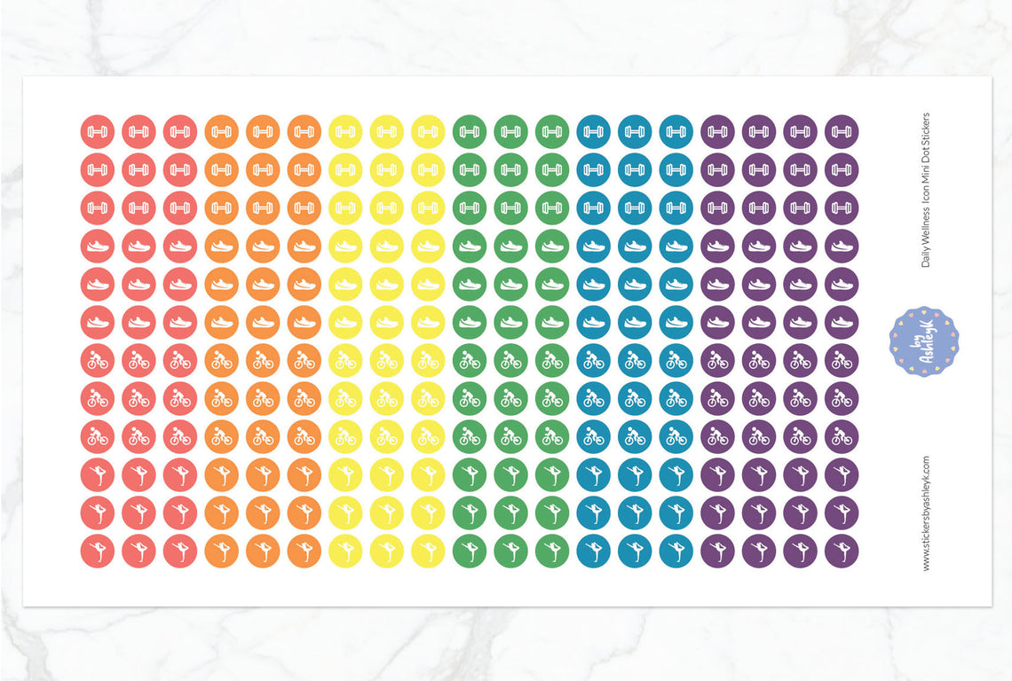 Daily Wellness Icon Mini Dot Planner Stickers - Pastel Rainbow