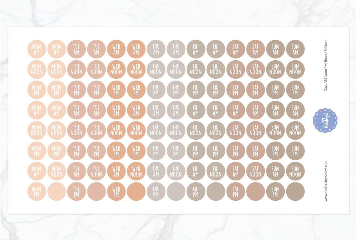 Days Am Noon Pm Round Planner Stickers - Beige Neutral