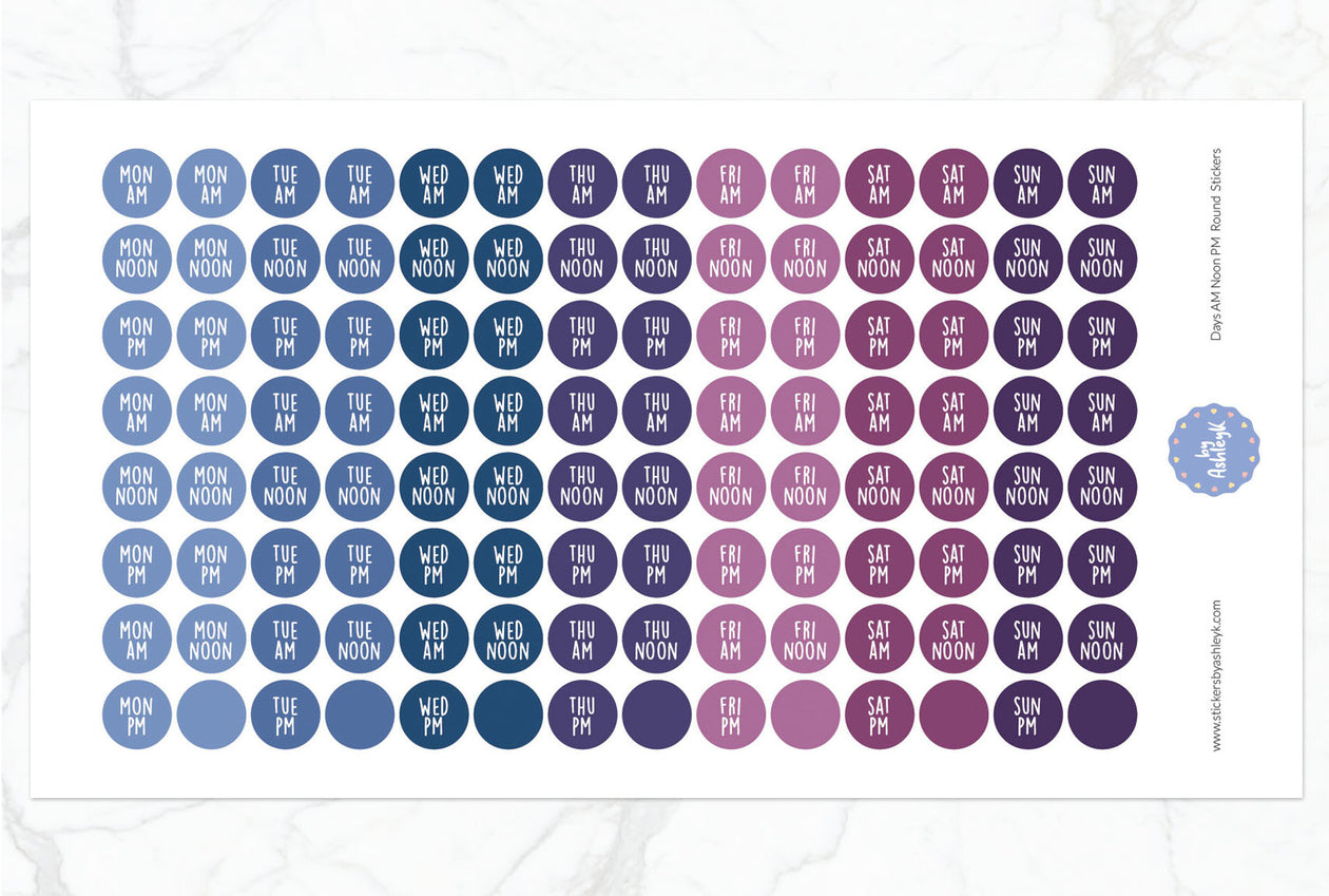 Days Am Noon Pm Round Planner Stickers - Blueberry