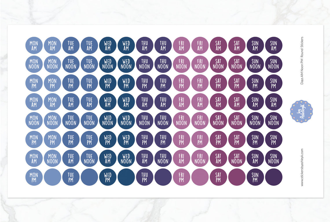 Days Am Noon Pm Round Planner Stickers - Blueberry