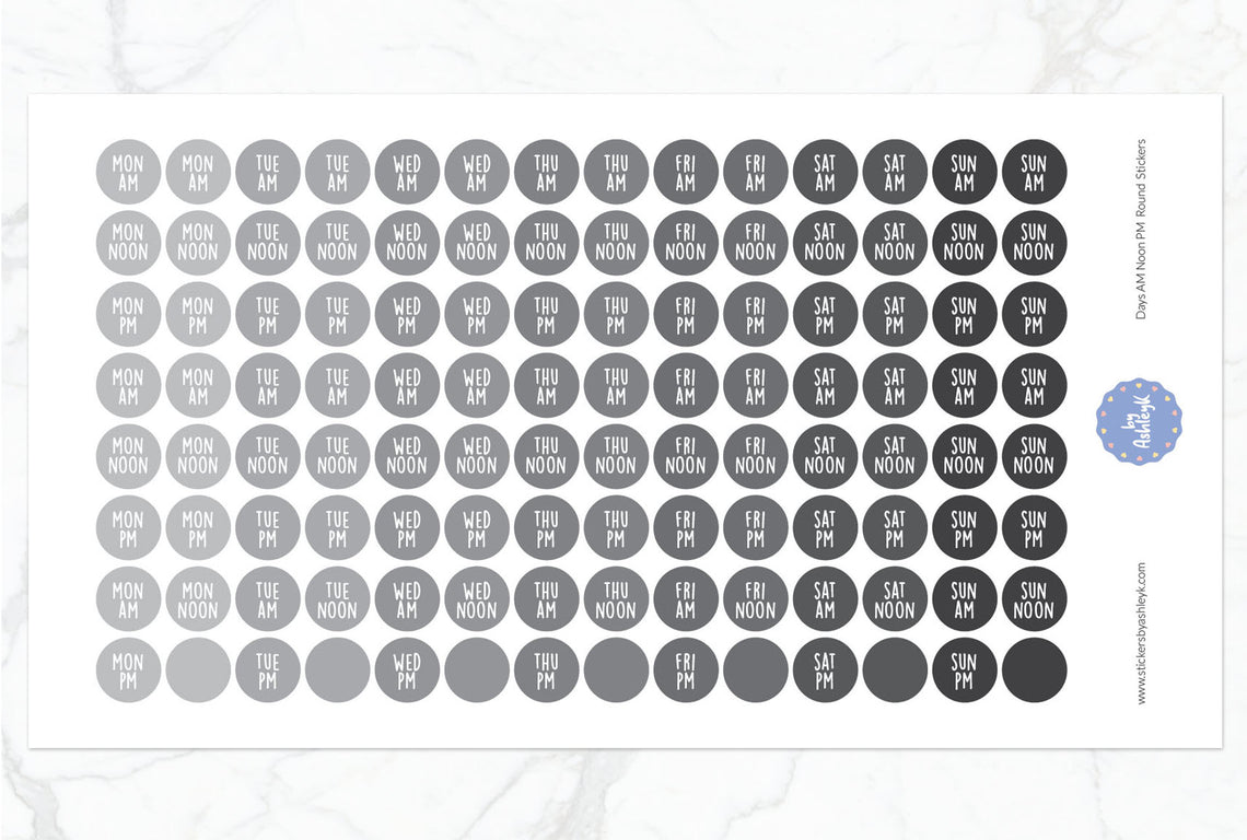 Days Am Noon Pm Round Planner Stickers - Monochrome