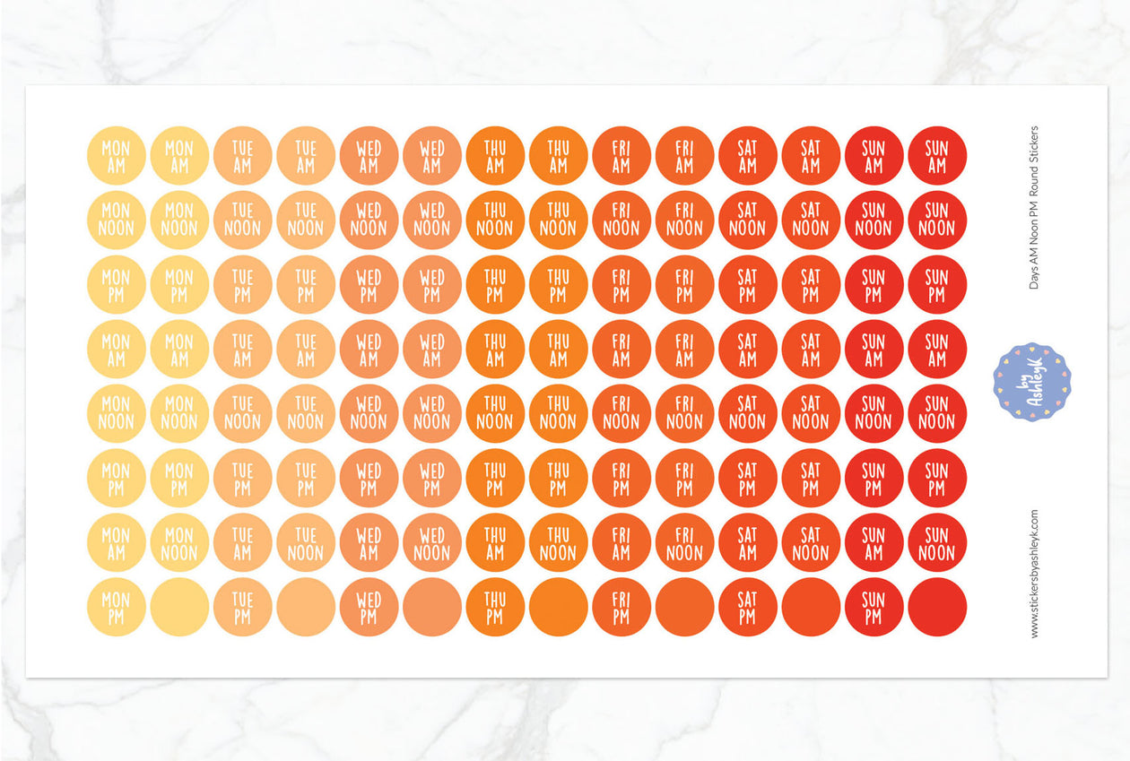 Days Am Noon Pm Round Planner Stickers - Orange