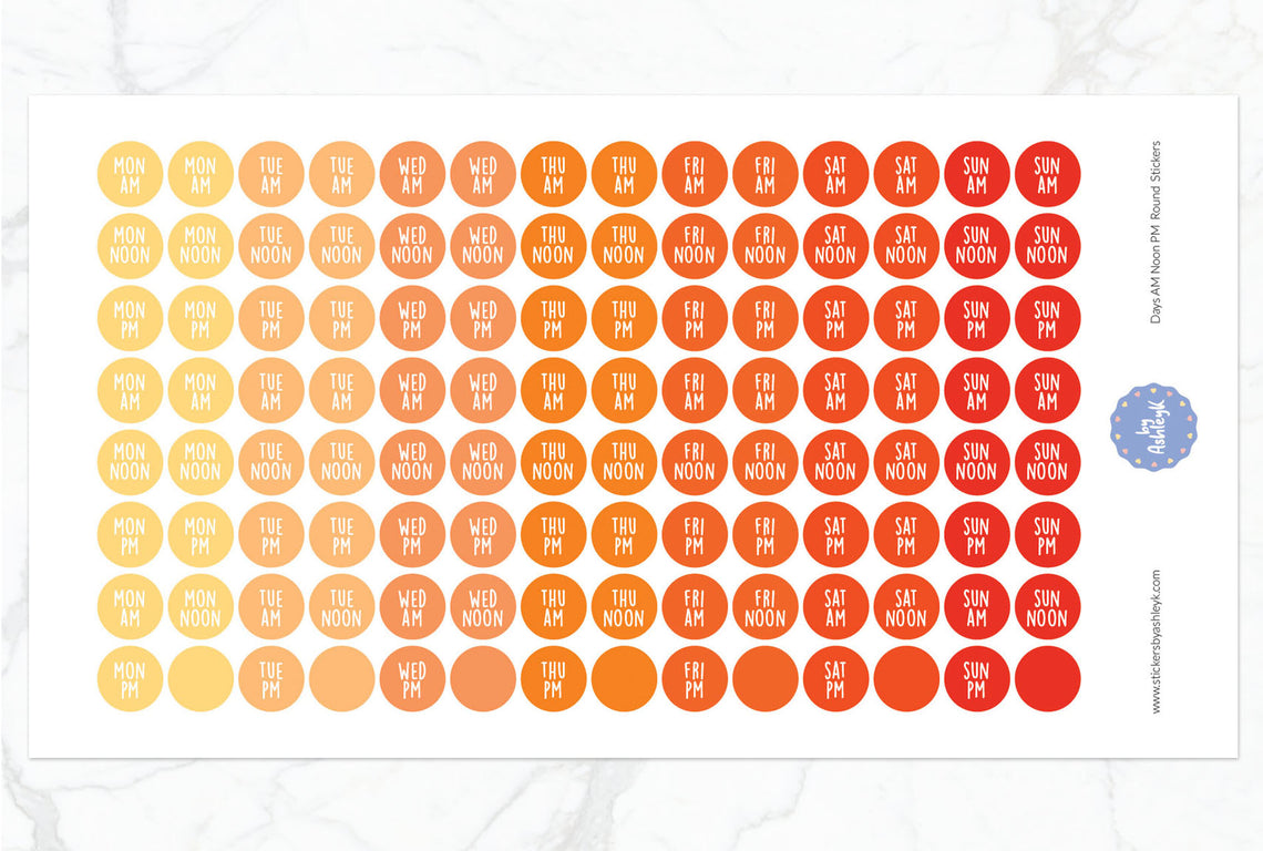 Days Am Noon Pm Round Planner Stickers - Orange