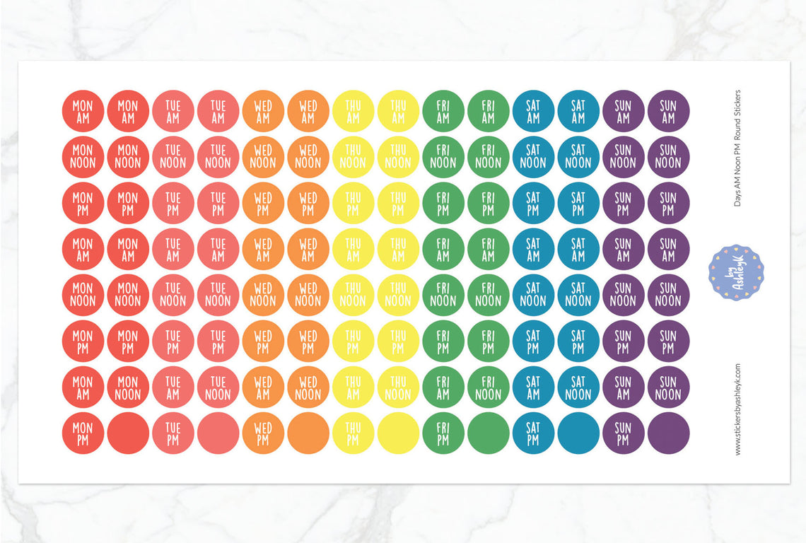 Days Am Noon Pm Round Planner Stickers - Pastel Rainbow