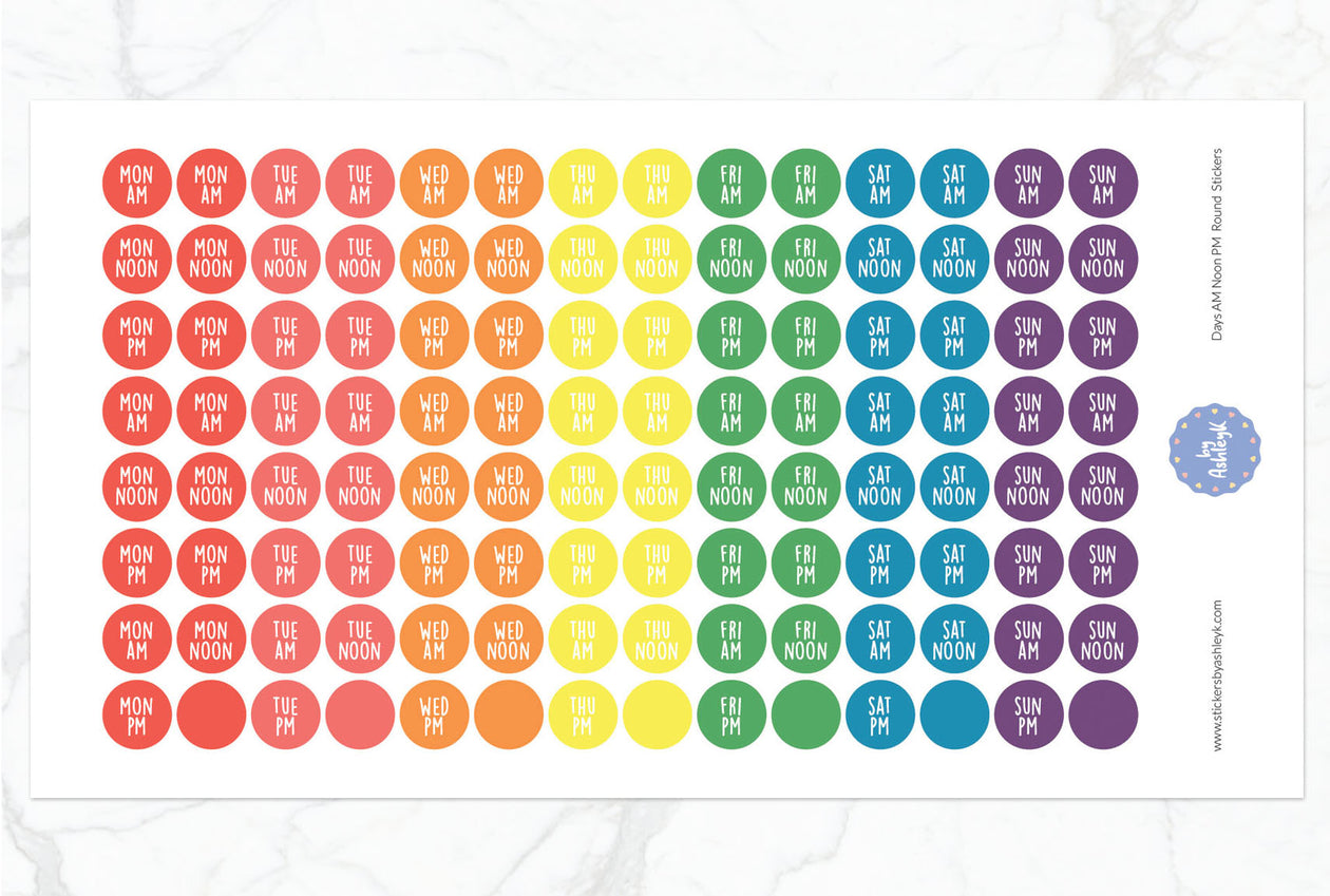 Days Am Noon Pm Round Planner Stickers - Pastel Rainbow