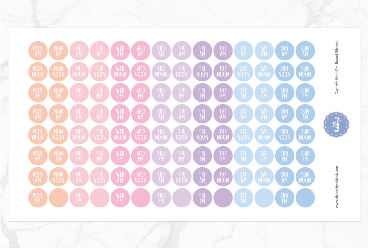 Days Am Noon Pm Round Planner Stickers - Pastel Sunset