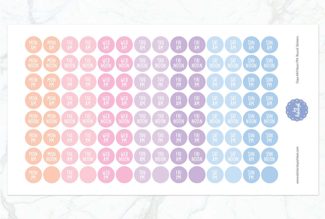 Days Am Noon Pm Round Planner Stickers - Pastel Sunset