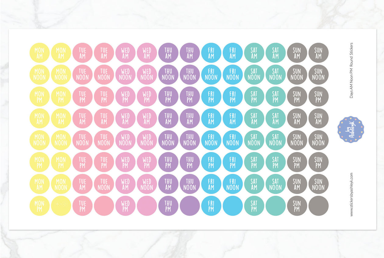 Days Am Noon Pm Round Planner Stickers - Pastel