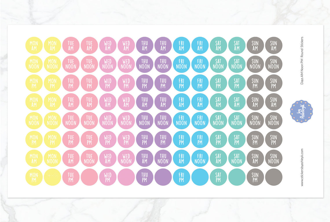 Days Am Noon Pm Round Planner Stickers - Pastel