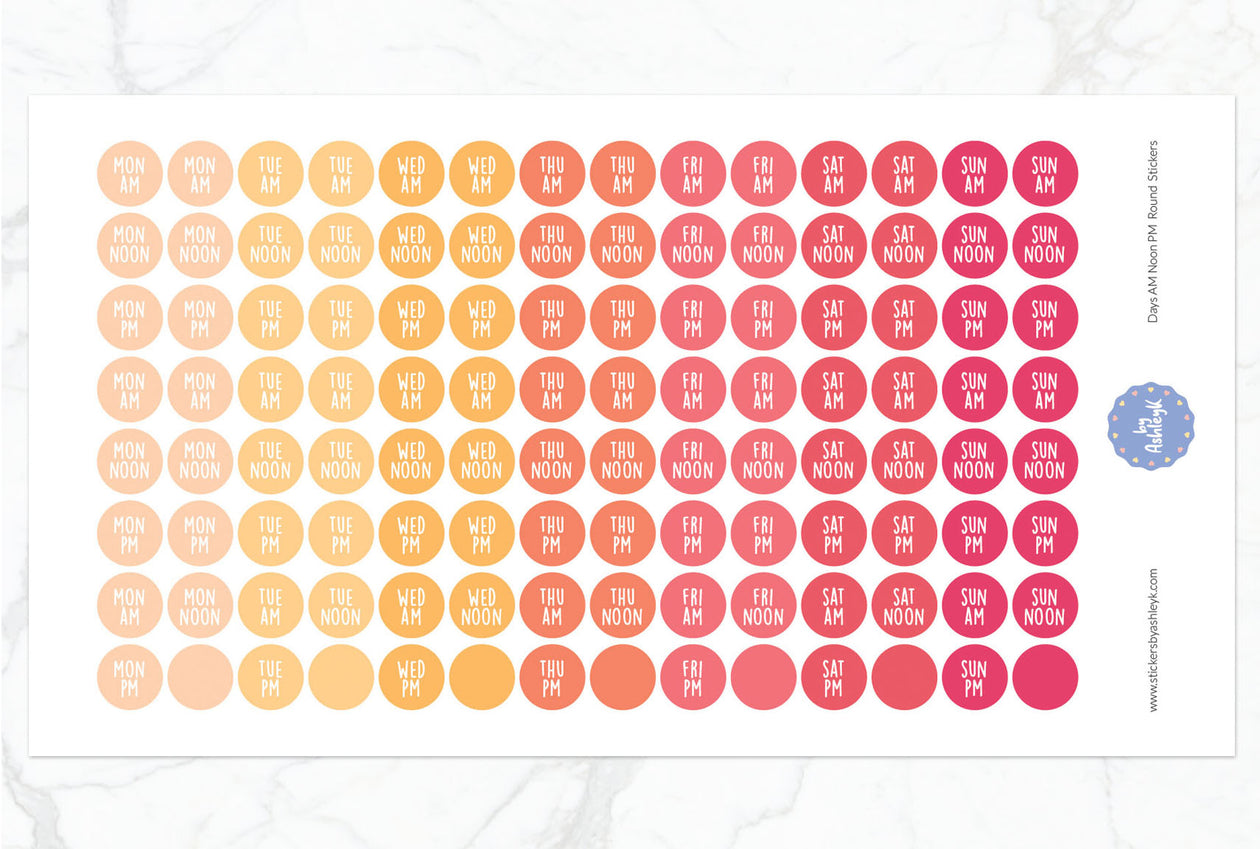 Days Am Noon Pm Round Planner Stickers - Peach