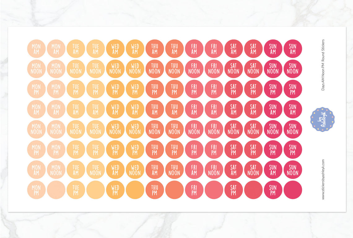 Days Am Noon Pm Round Planner Stickers - Peach