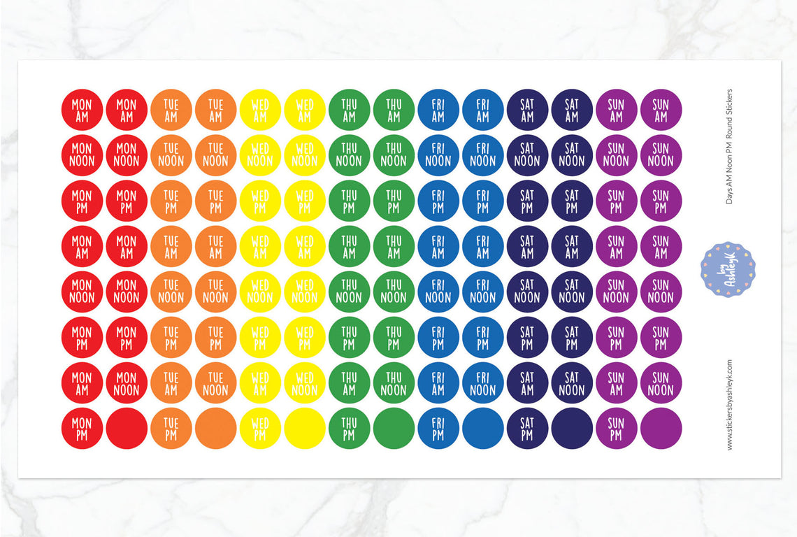 Days Am Noon Pm Round Planner Stickers - Rainbow